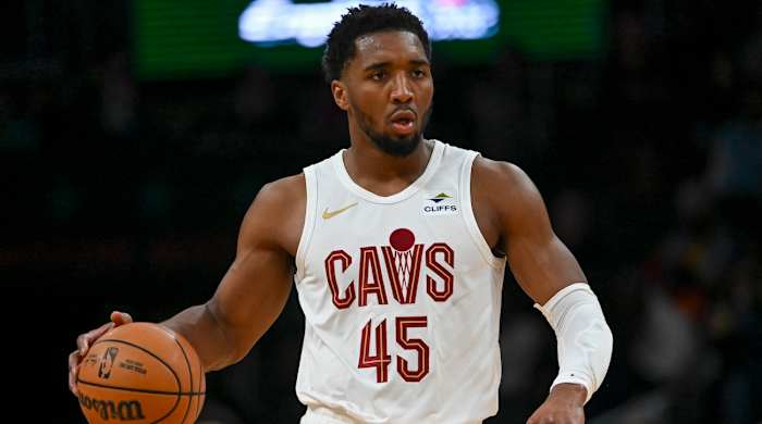 Cleveland Cavaliers guard Donovan Mitchell (45) dribbles up the court during the first half against the Washington Wizards at Capital One Arena in Washington, D.C., on Feb. 25, 2024.